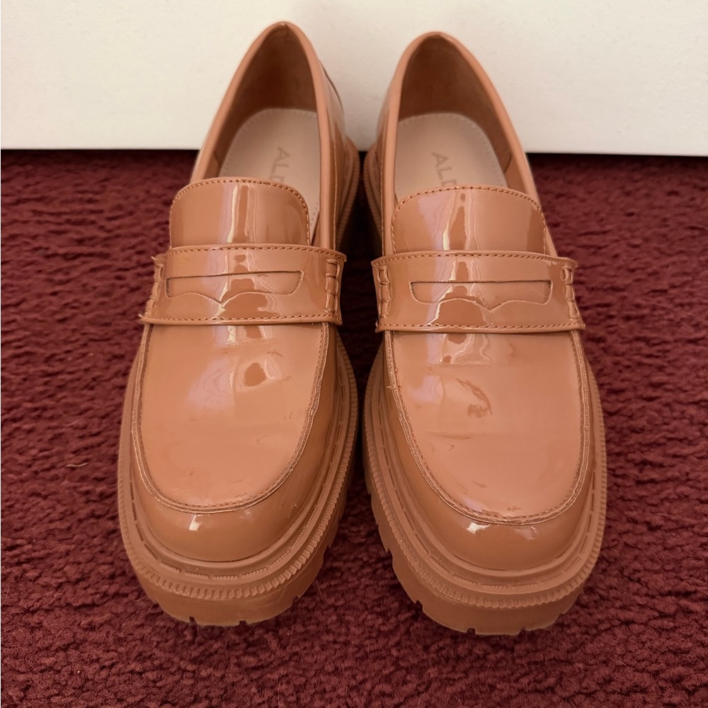 Aldo Patent Tan Platform Penny Loafers